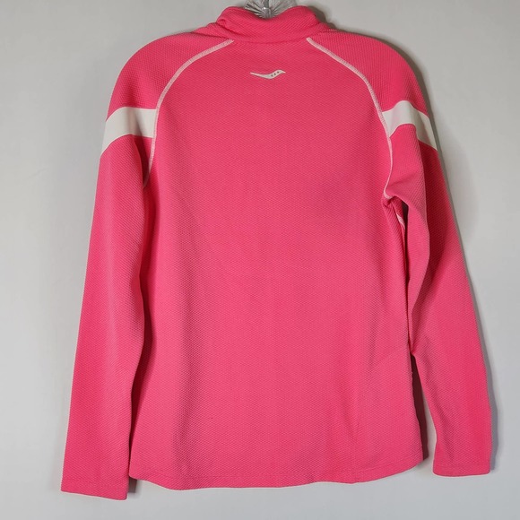 Saucony Womens Pink White 1/4 Zip Waffle Knit Pullover Top M Mock Neck Running - Picture 5 of 5